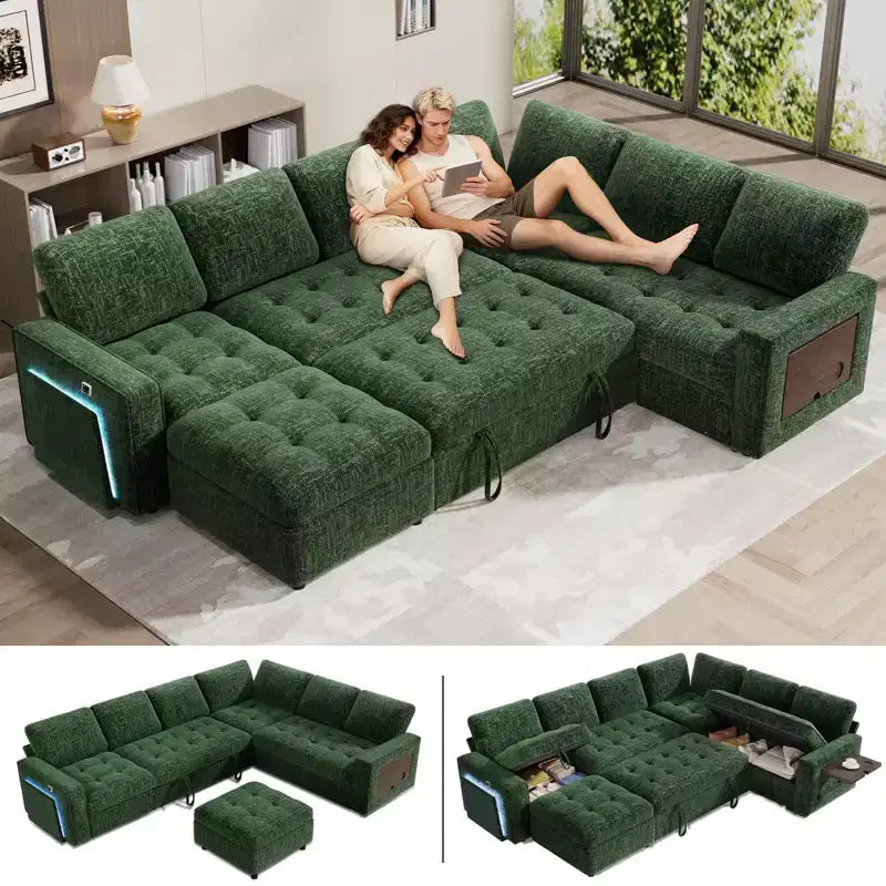 Divano Letto Modulare a 7 Posti a L con Letto Estraibile, Schienali Reclinabili/Porte USB/Luce LED/Tavolino Laterale e Pouf, in ciniglia
