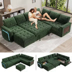 Divano Letto Modulare a 7 Posti a L con Letto Estraibile, Schienali Reclinabili/Porte USB/Luce LED/Tavolino Laterale e Pouf, in ciniglia