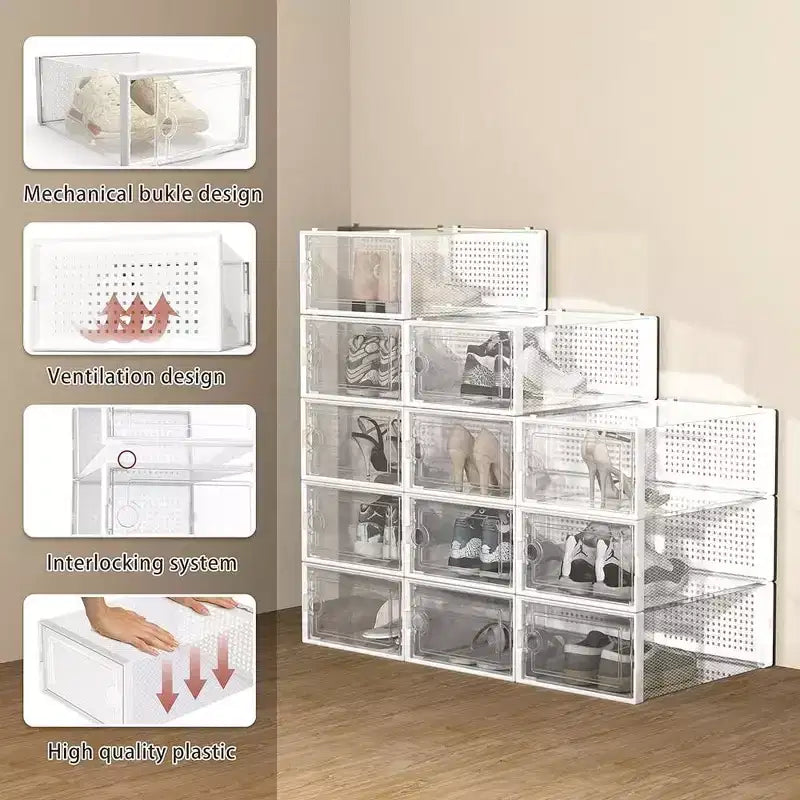 Scatola Porta Scarpe, Organizer per Scarpe Trasparente Impilabile in Plastica da 12 Pezzi, Scatole Porta Scarpe Pieghevoli Salvaspazio per Ingresso e Armadio