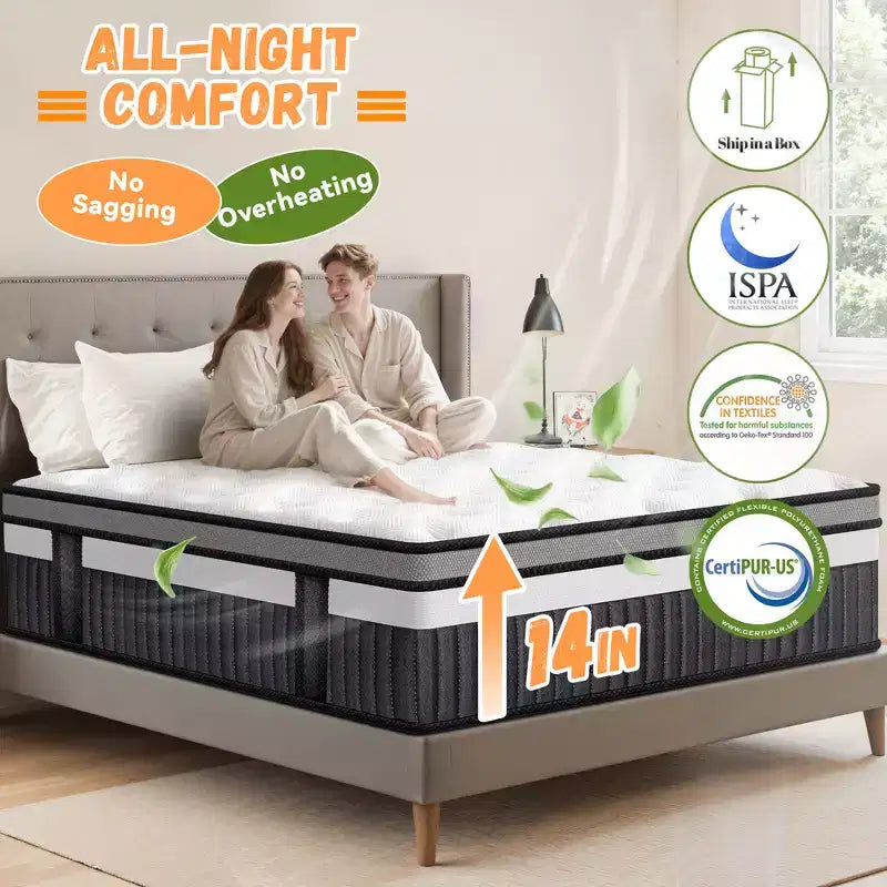 Hybrid King Size Mattress in a Box, Memory Foam Mattress 14in for Comfort Sleep & Pressure Relief, CertiPUR-US Certified