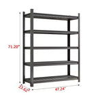 Scaffali in metallo regolabili neri a 5 ripiani alti 71 pollici, adatti a officine, garage, supermercati