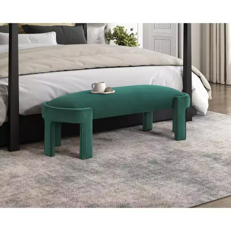 Panca moderna ed elegante imbottita in velluto con struttura in compensato, lussuoso pouf ovale confortevole per camera da letto, ingresso