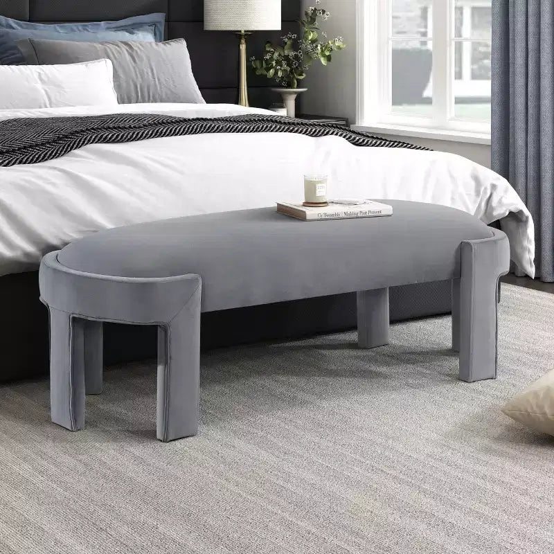 Okak Modern Stylish Velvet Fabric Upholstered Bench with Plywood Frame,Luxurious Comfort Oval Ottoman for Bedroom,Entryway