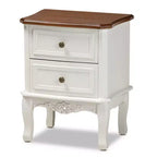 2 Drawer Darlene Wood Nightstand White/Cherry Brown - Baxton Studio: Traditional Style, Carved Knobs, Storage