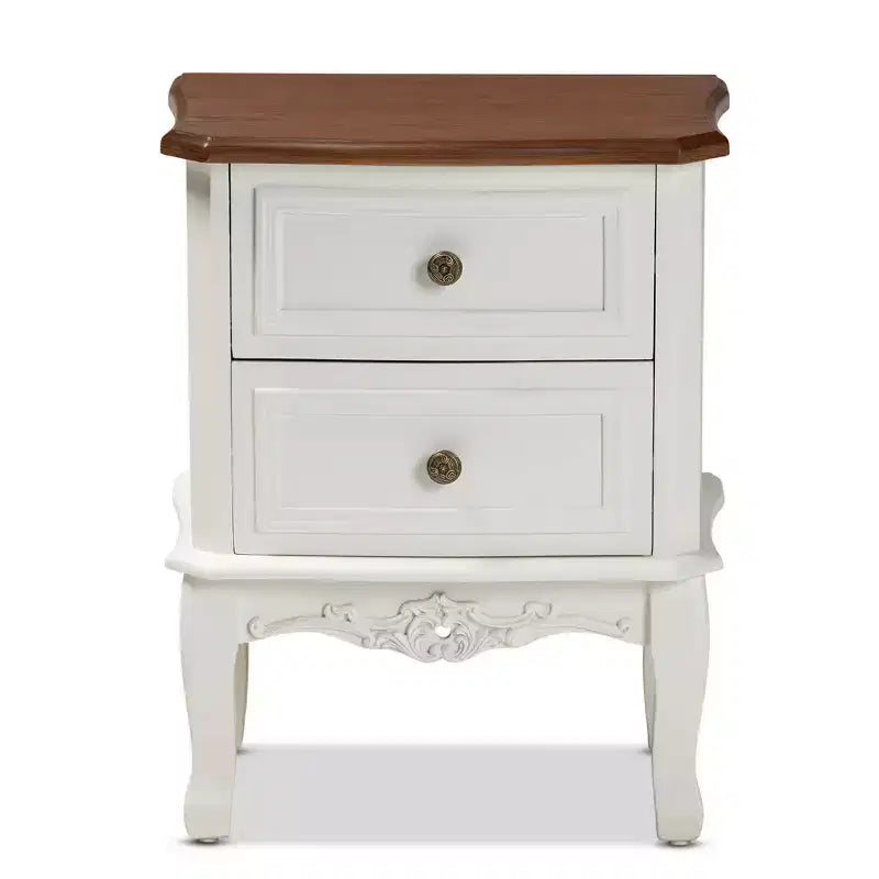 Comodino Darlene in legno a 2 cassetti Bianco/Marrone ciliegio - Baxton Studio: Stile tradizionale, Maniglie intagliate, Contenitore