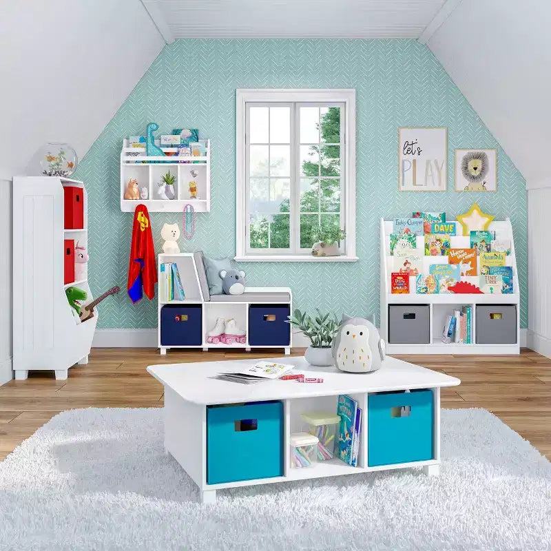 Scrivania per bambini, tavolo attività e giochi con 6 scomparti e 2 contenitori in tessuto