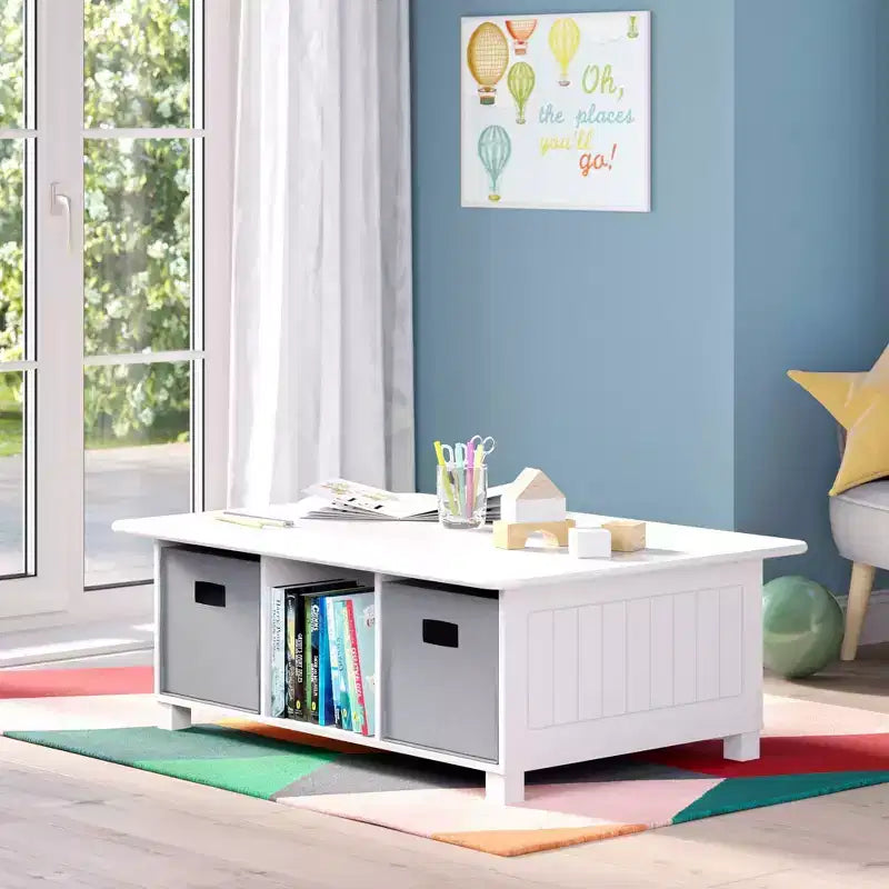 Scrivania per bambini, tavolo attività e giochi con 6 scomparti e 2 contenitori in tessuto