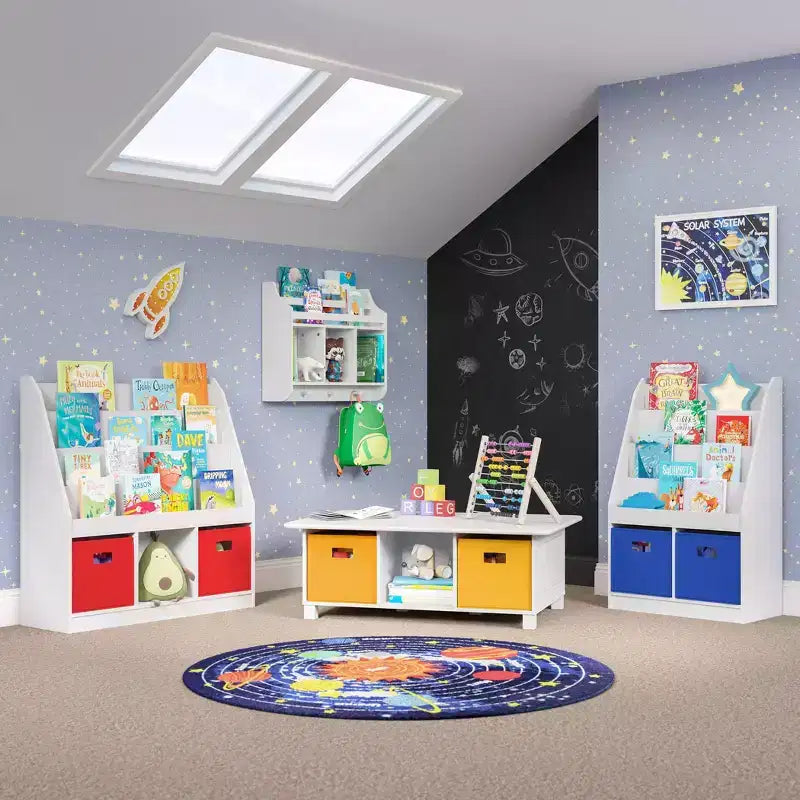 Scrivania per bambini, tavolo attività e giochi con 6 scomparti e 2 contenitori in tessuto