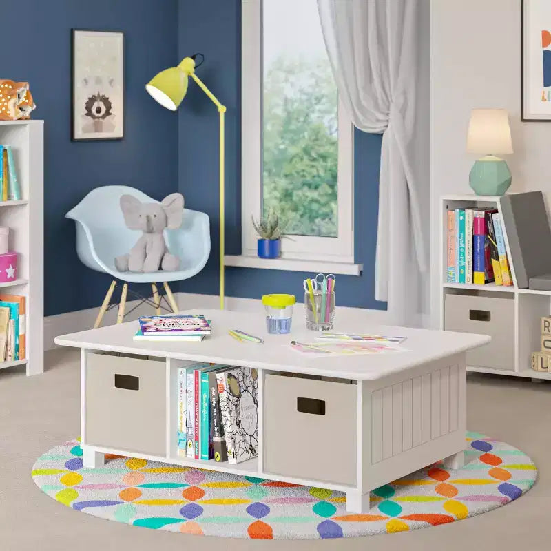 Scrivania per bambini, tavolo attività e giochi con 6 scomparti e 2 contenitori in tessuto