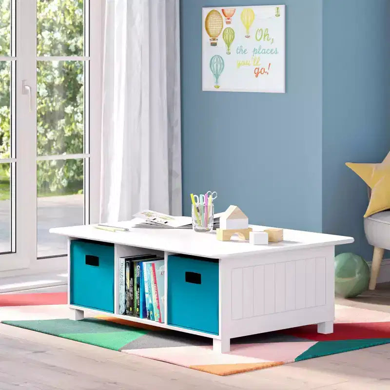 Scrivania per bambini, tavolo attività e giochi con 6 scomparti e 2 contenitori in tessuto