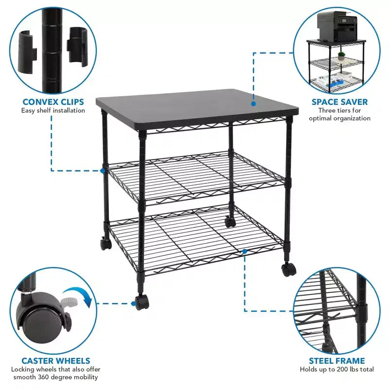 Supporto per stampante con ruote, carrello porta stampante a 3 livelli con ripiani portaoggetti per stampante 3D e laser, scanner, pressa a caldo, capacità di 90 kg